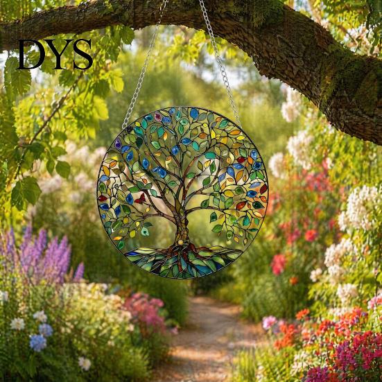 Retro Window Hanging Tree of Life Round Sign, Stained Glass Acrylic Suncatcher Metal Chain Decoration Decoration, Wall Ornament for Indoor Outdoor