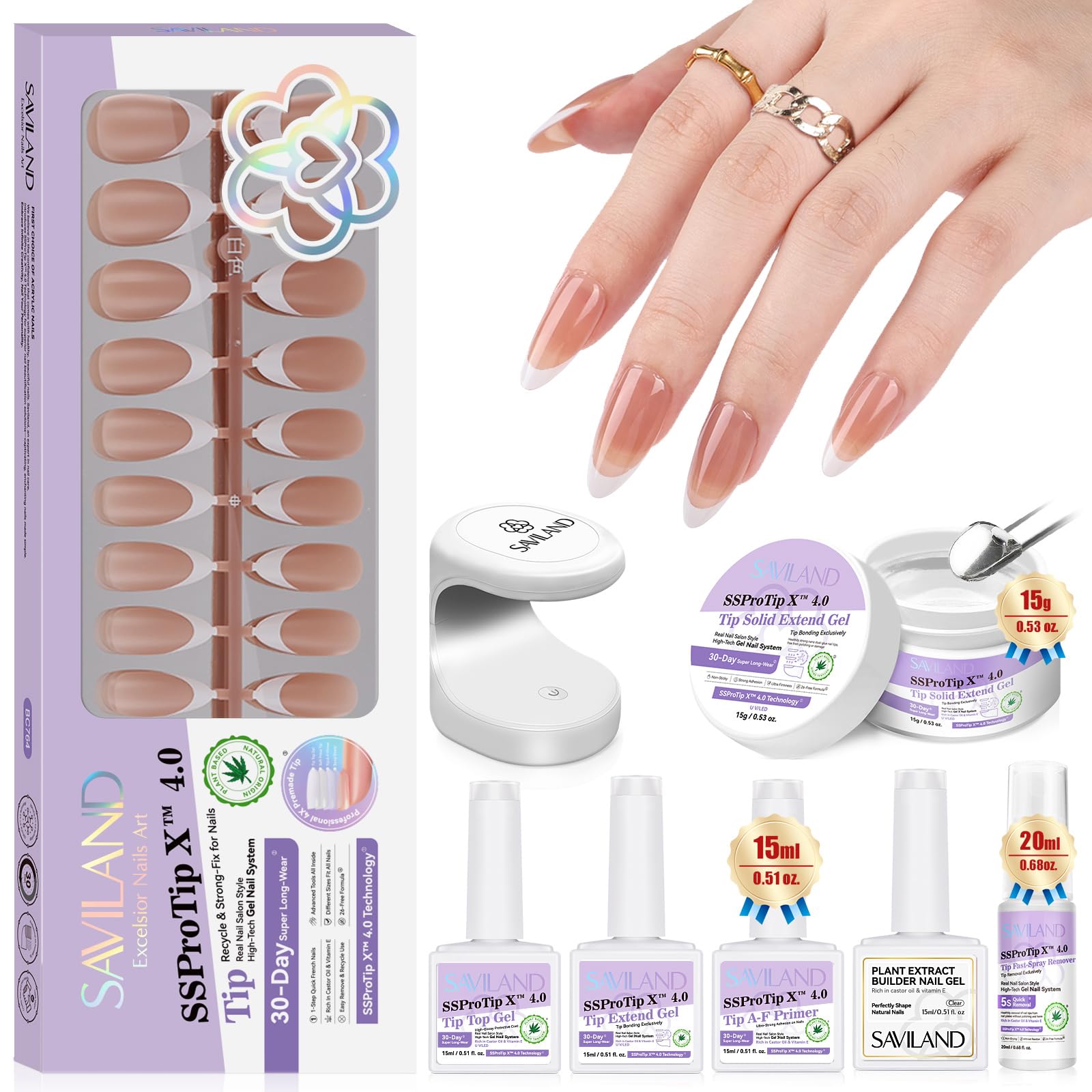 Saviland Nail Glue Gel Diamond Pink Nail Starter Gel Nail Fake Acrylic Thick UV Curing Nail Gel Fake Nail DIY Art Kit 4-in-1 Press-On Kit