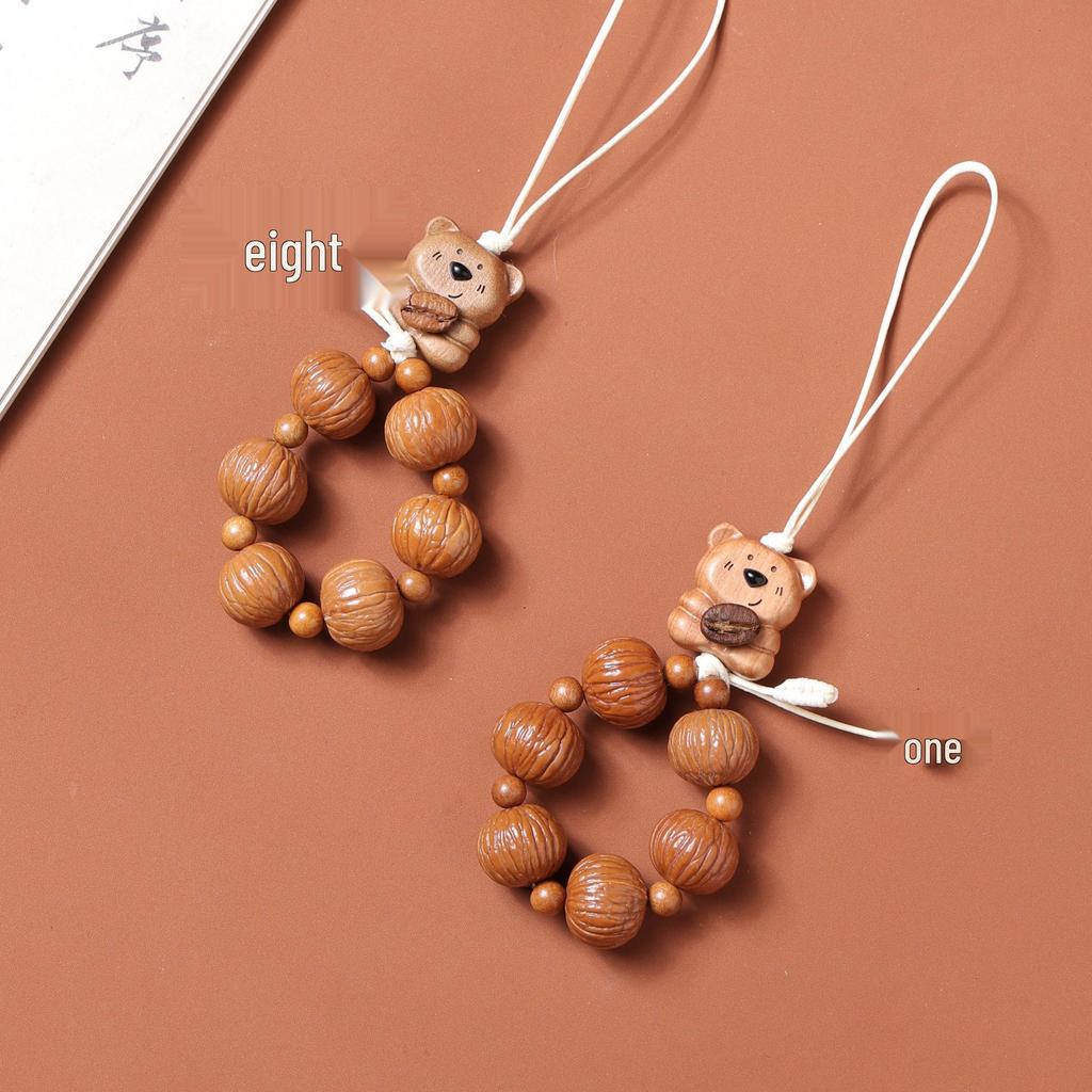 Peach Wood Coffee Bean Bear Pendant Keychain & Necklace Accessory