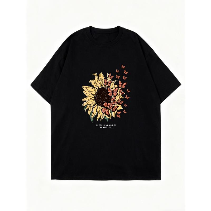 Oversized T Shirt Dress Black Sunflower And Butterflies Print With Text My Soul Is Full Of Beauty For Casual Wear