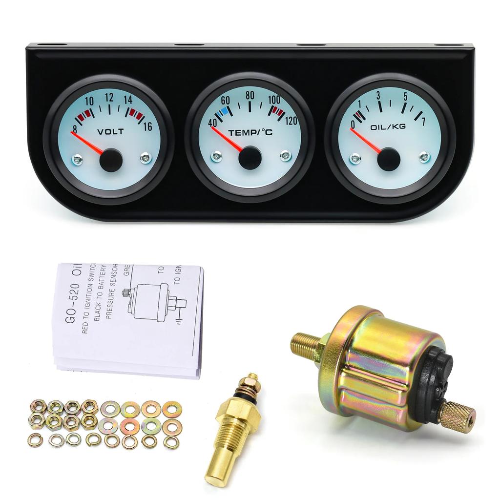 2'' 52mm 3 in 1 LED Back-lit Gauges Voltmeter Water  Oil Pressure Oil temperature Electrical Gauge 3 in 1 Kit Meter