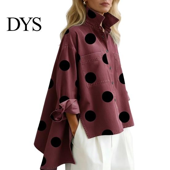 Textured Fabric Shirt Polka Dot Denim for Women Loose Fit Button-Down Top with Casual Outerwear Chest Pockets Oversize Spring Summer Fashionable