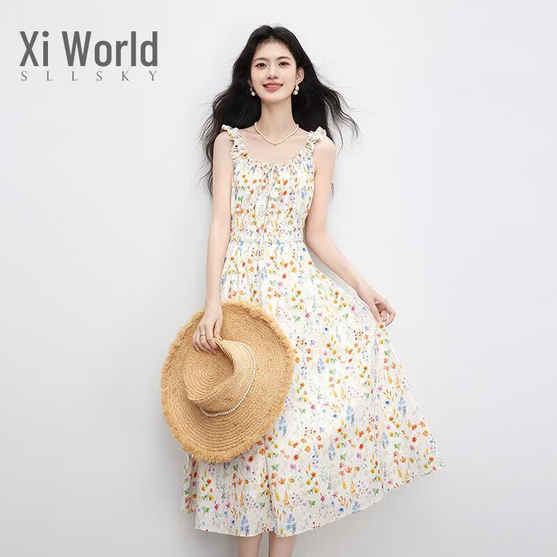 SLLSKY Women s French Floral Camisole Maxi Dress L