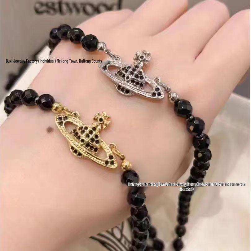 Empress Dowager Saturn Necklace: Punk Black Agate & Diamond Layered Choker for Women