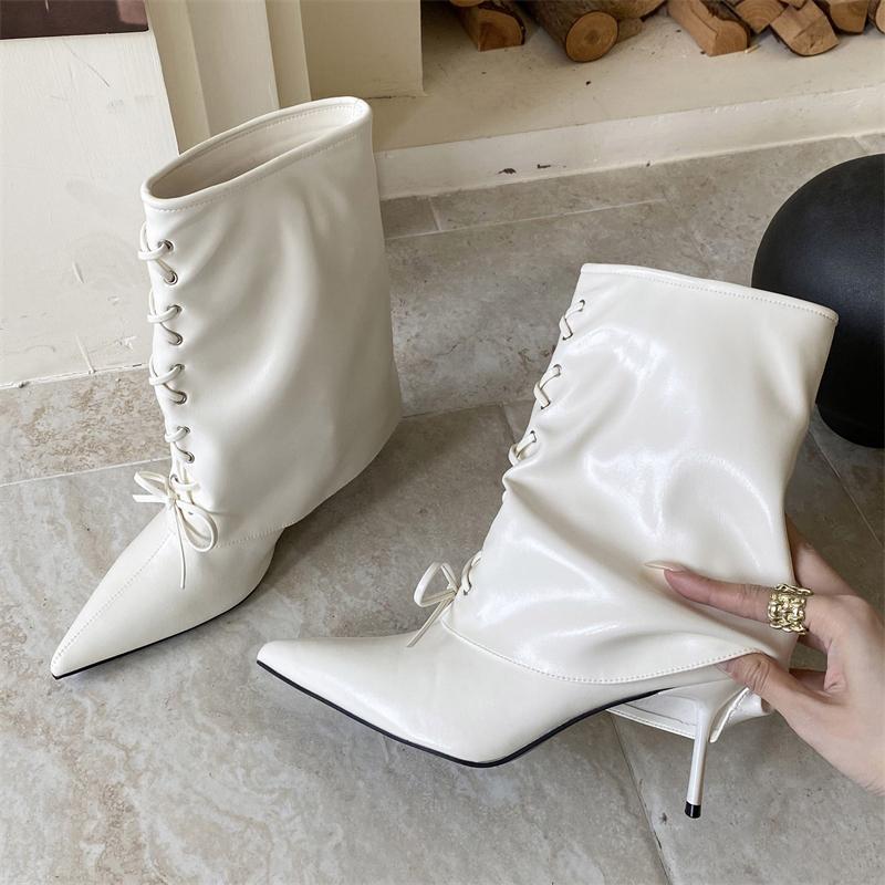 Eilyken Cosy Soft PU Leather Cross-tied Woman Ankle Boots Street Style Sexy Thin High Heels Stripper Ladies Shoes