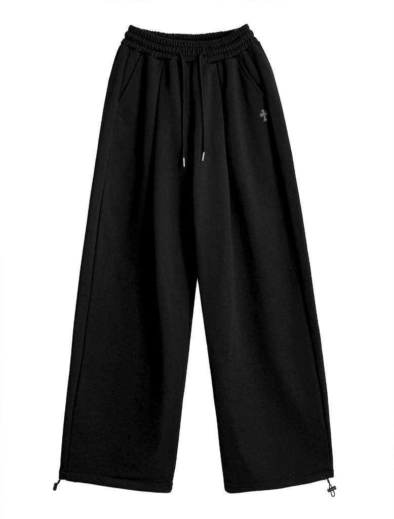 Lupeu Cross Embroidery Elastic Banding Pintuck Wide Long Pants Black
