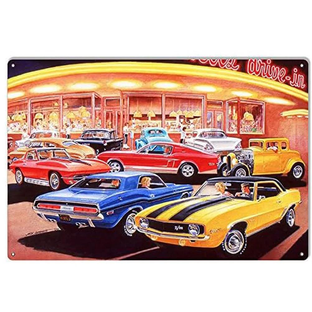 Vintage Motel Metal Tin Signs Wall Art Route 66 Car Posters for Garage Motel Hotel Club Cafe Bars Pubs Iron Painting Decoration