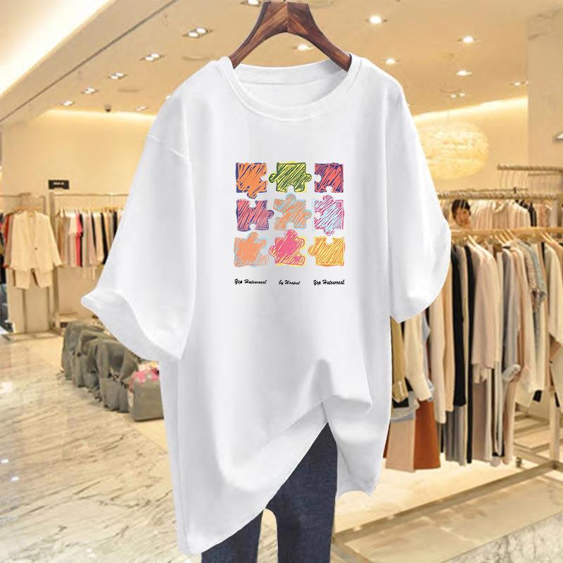 

Casual cotton printed t-shirt women s summer new loose large version medium and long short-sleeved top bottoming shirt S