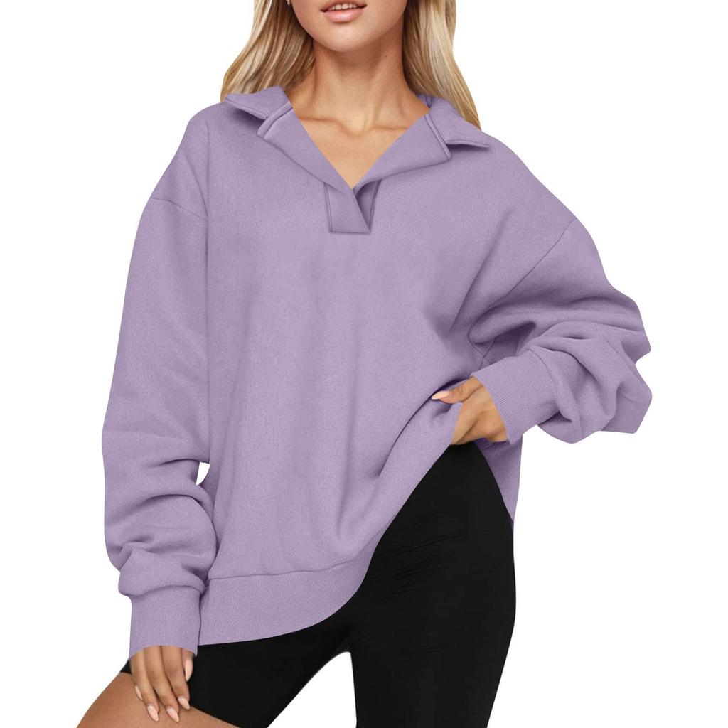 Women's Fashion Long Sleeve Solid Color V-Neck Loose Sweatshirt Top