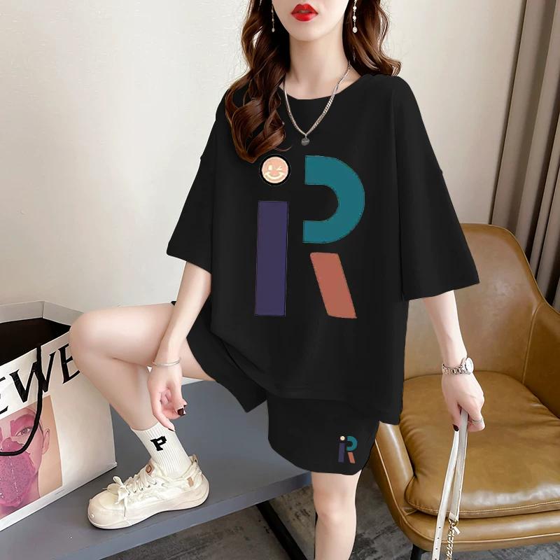 

Khaki Pure Cotton Short Sleeve Short Pants Suit Female Stylish Plus Size Summer Loose Slim Looking Casual Sports Two-piece Set 3XL чёрный