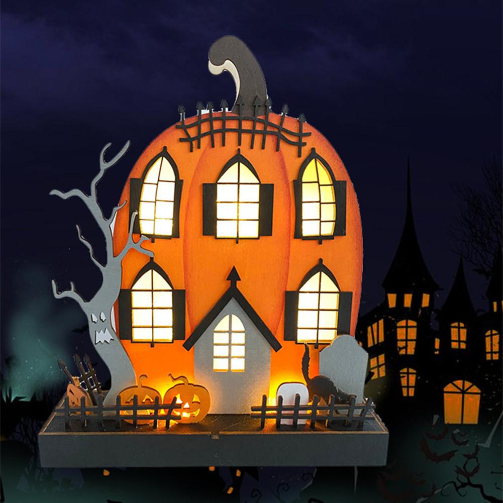 Home Halloween Tabletop Decoration, Lighted Wooden Haunted House Pumpkin Decoration Ornaments, Battery Operated Pumpkin House Ornament Party Supplies