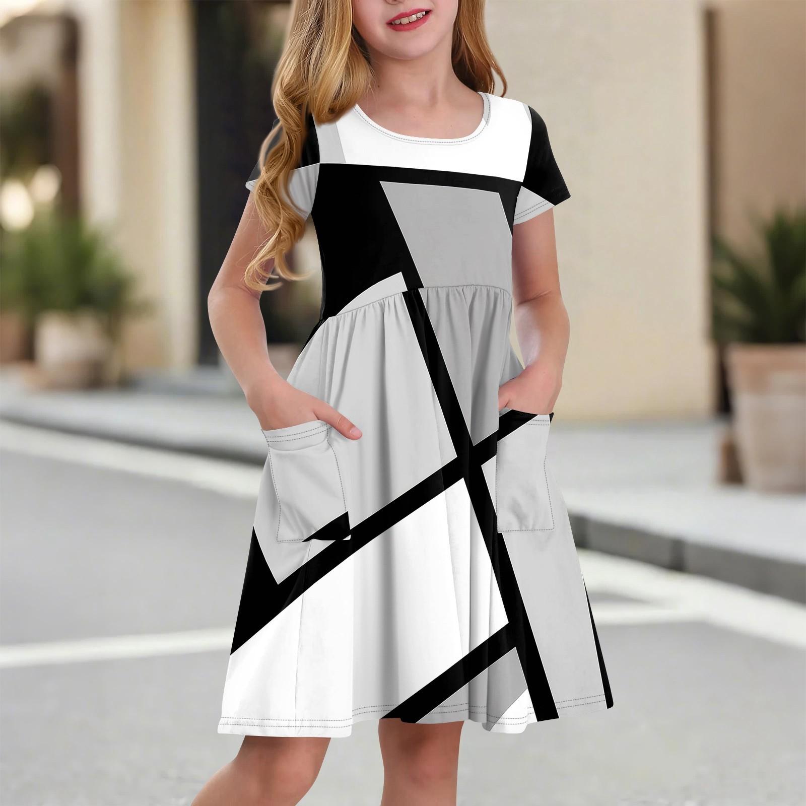 

Детская юбка с круглым вырезом и коротким рукавом, платье принцессы, модное повседневное платье с карманами для девочек 150