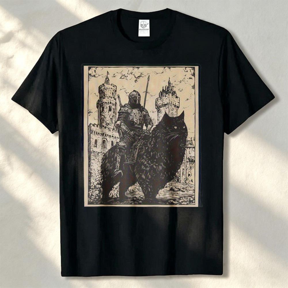 Vintage Medieval Knight Riding Giant Wolf Castle Retro Distressed Graphic T Shirt Unisex Cotton Tee Dark Fantasy Gothic Casual