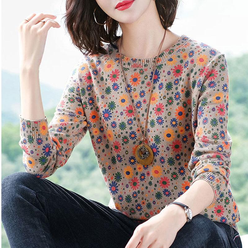 Casual Vintage Floral Printed Jumpers Women's Clothing O-Neck Autumn Winter Stylish Screw Thread Korean Loose Knitted Sweaters