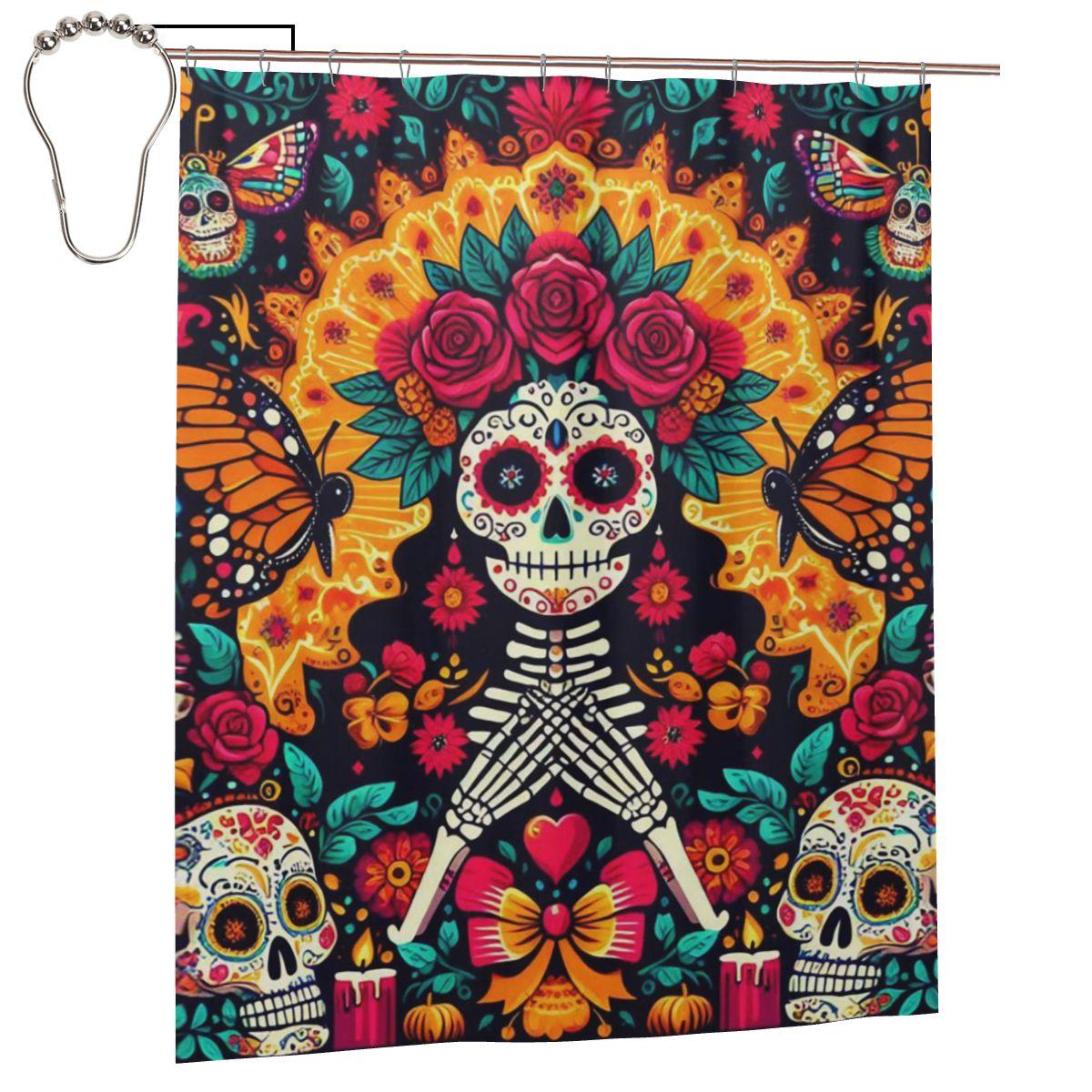 

Mexican Sugar Skulls And Flowers Shower Curtain Bathroom Polyester Waterproof Bath Curtains With Hooks W60H190(CM)-1 Pcs