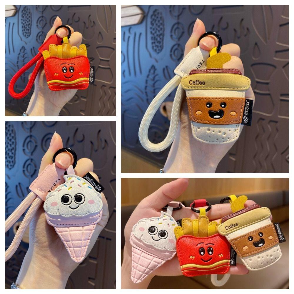 Funny Ice Cream Pendant French Fries Car Key Ring Fashion Coffee Cup Shape Keychain Bag Key Decor