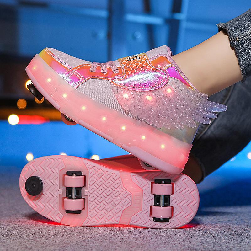 Kid's Four-wheel Detachable Flat Shoes Rechargeable LED Luminous Sports Shoes with Wings Children's Skates with Brakes Roller Skates sneakers