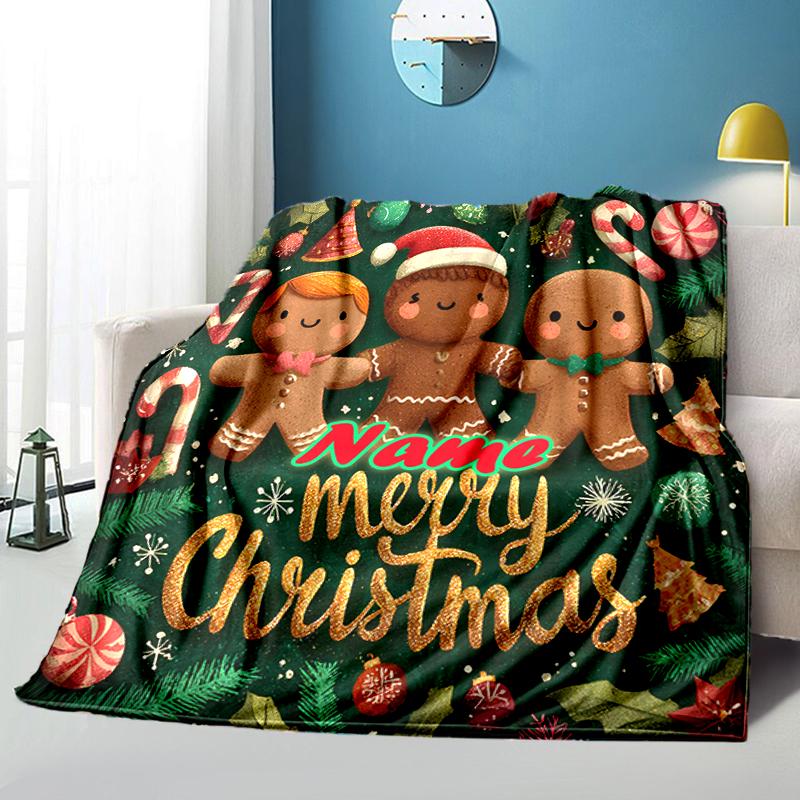 1PC Custom Name Gingerbread Friends Christmas Outdooor Flannel Blankets Throw Blanket All-Season Throw Gift Bedspread for Couch, Bed, Camping Holiday 