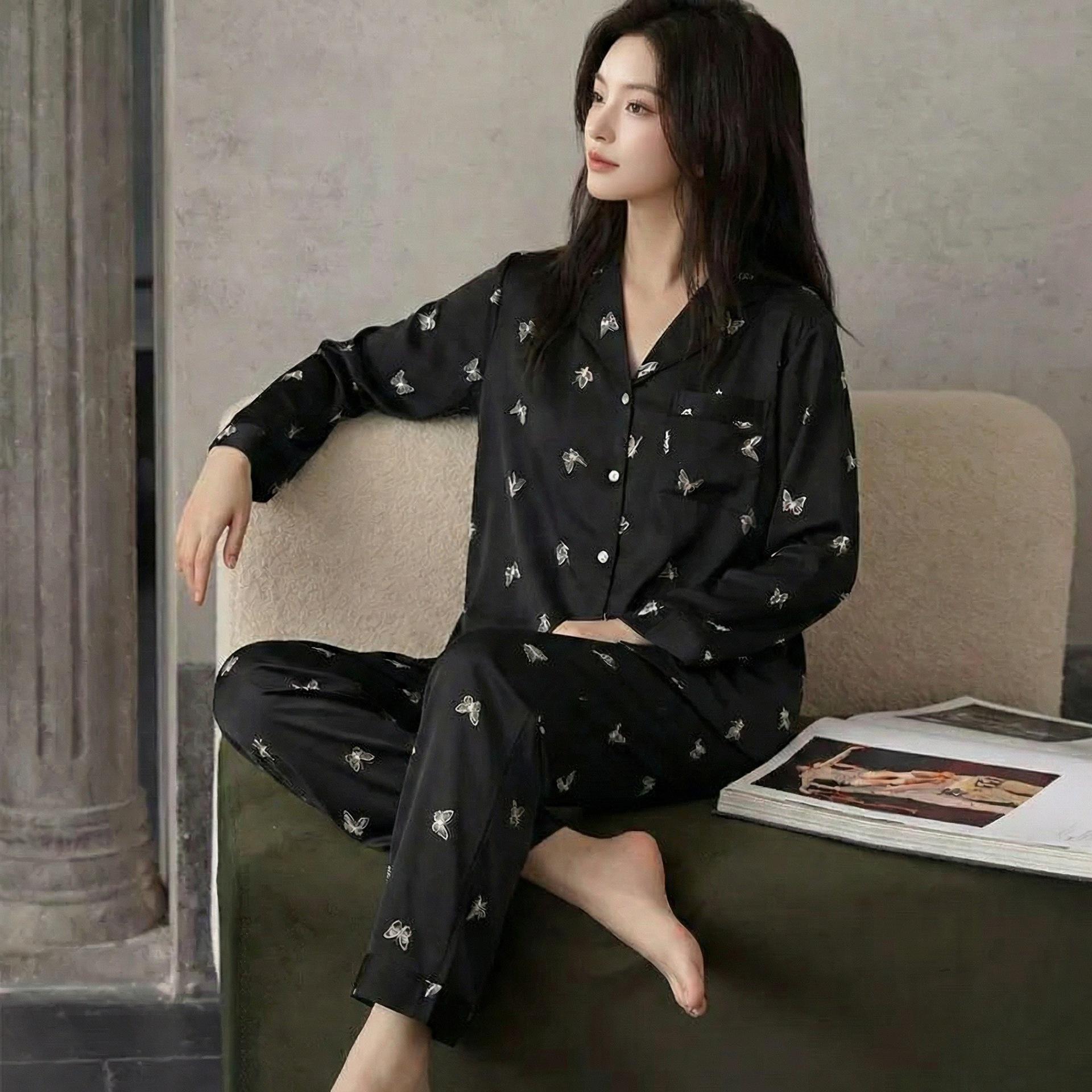 

Silver Butterfly Women s Silk Pajama Set: Short/Long Sleeve Options, Long Pants, Spring/Summer Thin Cardigan, Luxury Home Wear. L