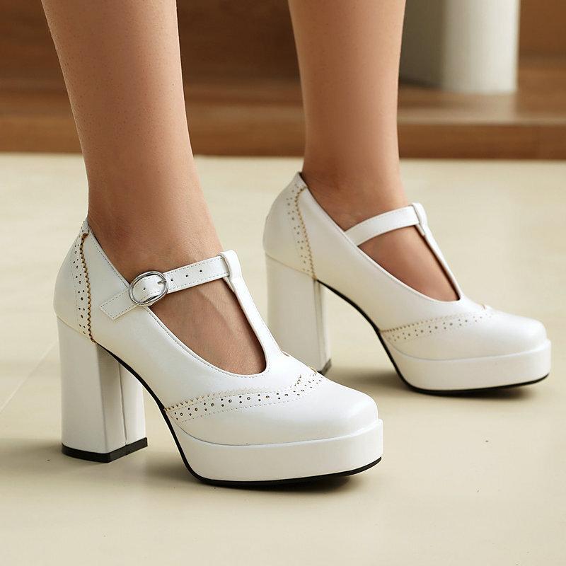 Bullock women's single shoes spring and autumn square head platform thick heel super high heel T-strap British style women's high heels