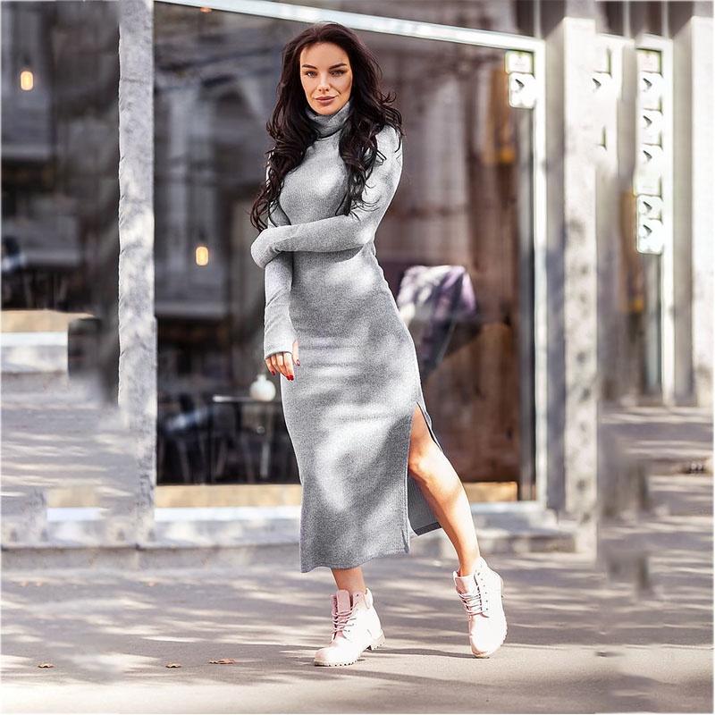 Luxurious Autumn And Winter Women's High Collar Sweater Dress In Solid Color