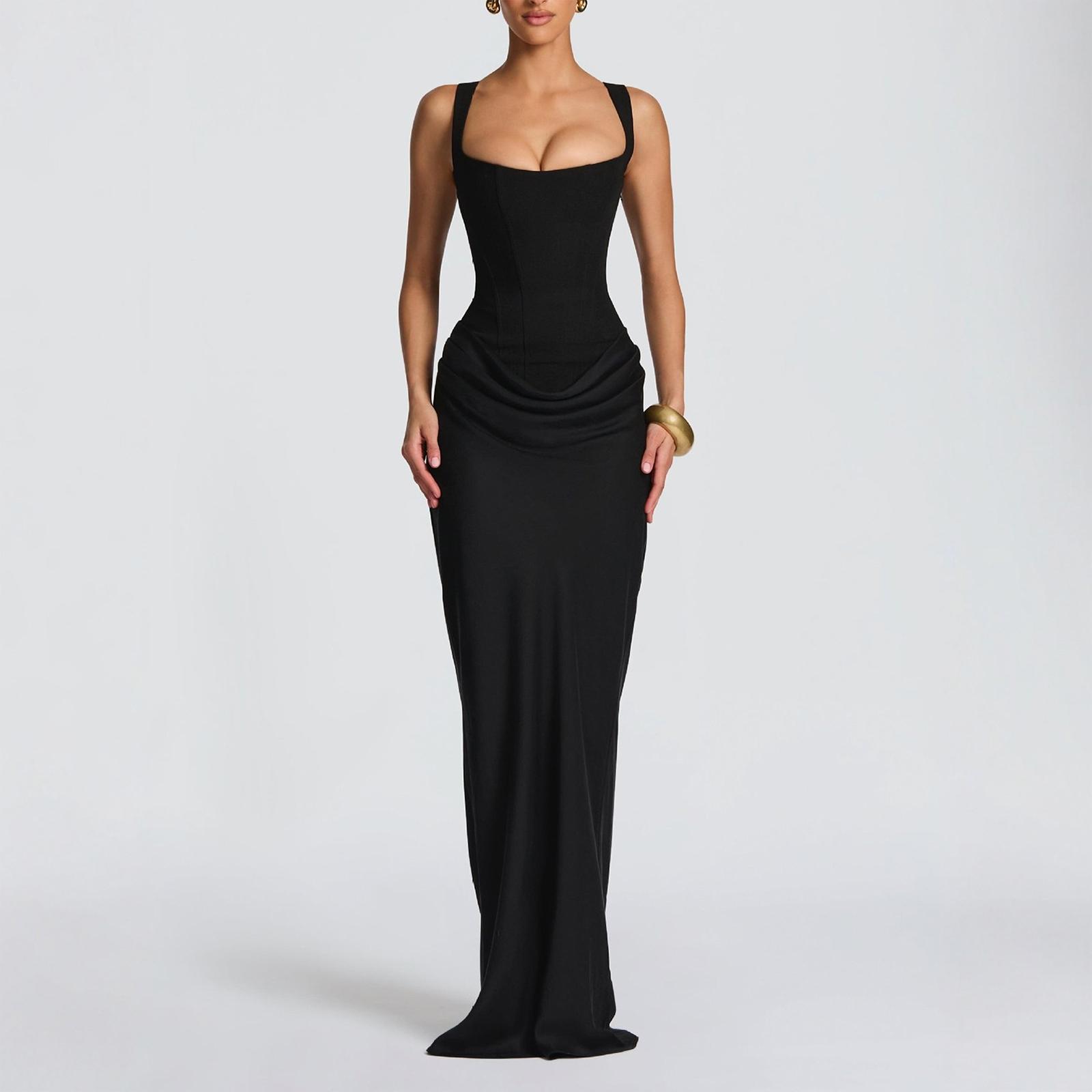 

Жіночий повсякденний обтислий сукня-комбінезон з кістками, що підкреслює стегна, довга спідниця L чорний