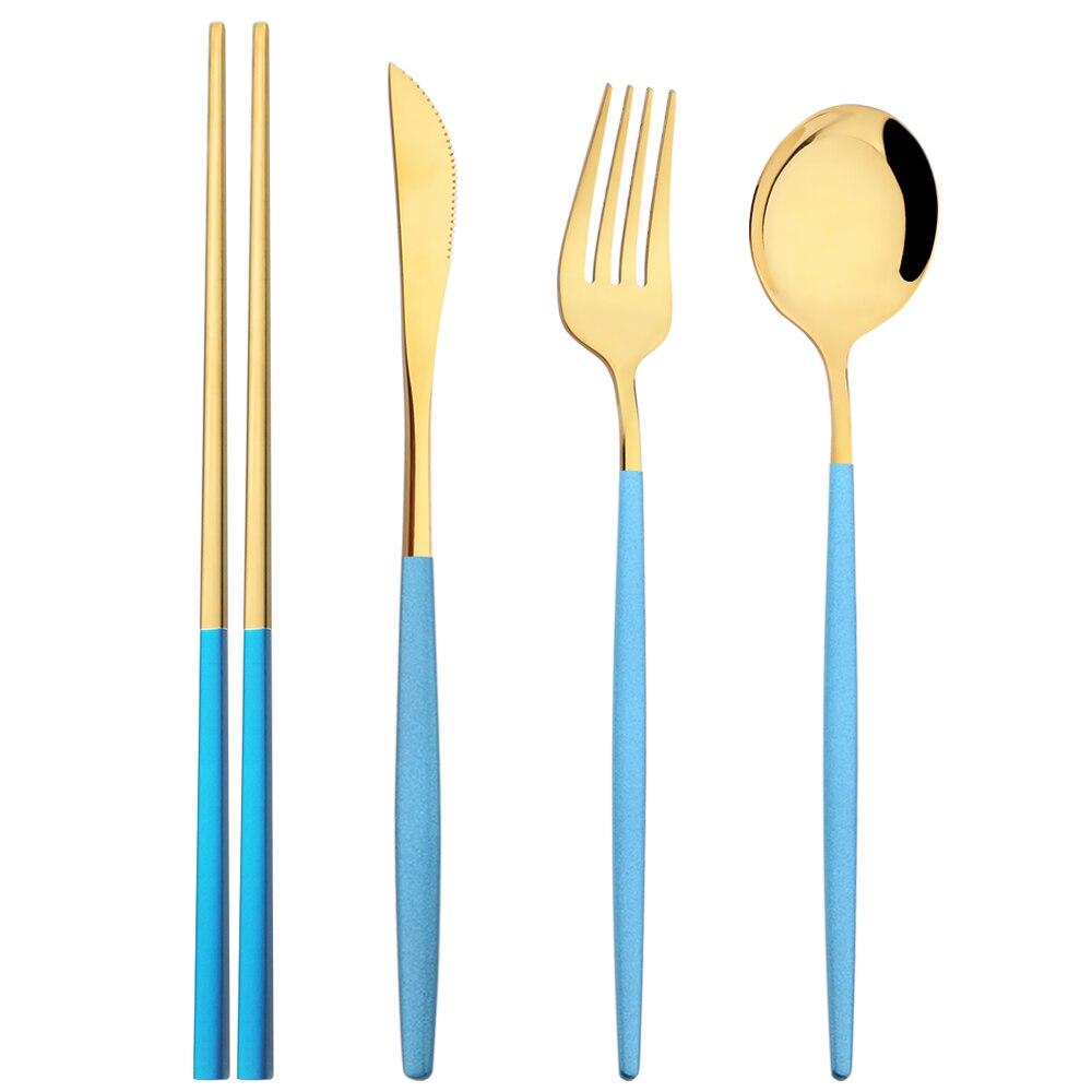 4Pcs Mirror Stainless Steel Tableware Gold Portable Dinnerware Knife Fork Spoon 304 Chopsticks Cutlery Set Western Flatware Set