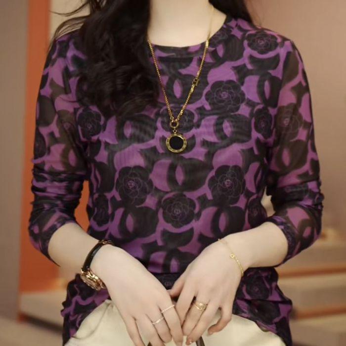 

2024 Осень/Зима Блузка из двухслойной сетки с принтом для женщин среднего возраста - Приталенный топ с длинным рукавом 4XL (140-150 jin)