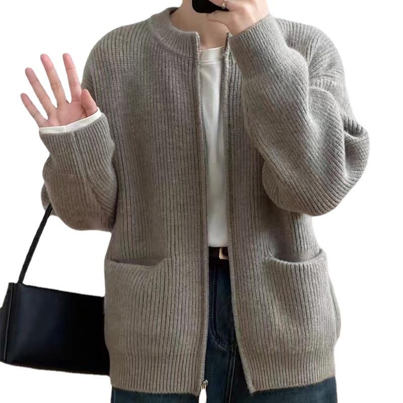 Double Zipper Sweater Cardigan for Women Solid Color Loose Spring and Autumn Knitted Jacket Top