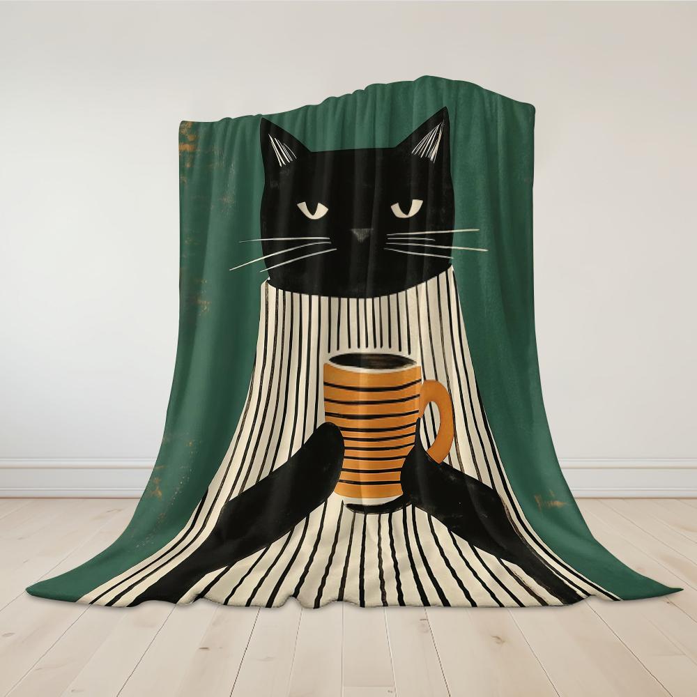 Striped Shirt Coffee Cat Flannel Blanket Warm Soft Halloween Christmas Couch Warm Cozy Decorative Decor Gift For All Season
