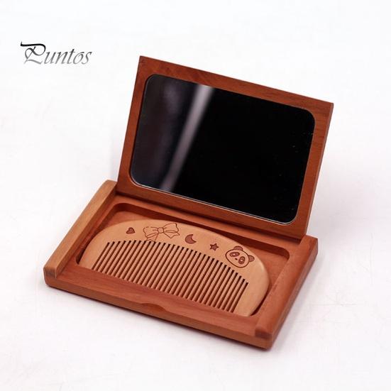 Mini Comb Mirror Set Compact Wood Pocket Mirror with Comb Portable Makeup Hairstyling Vanity Mirror with Wooden Comb