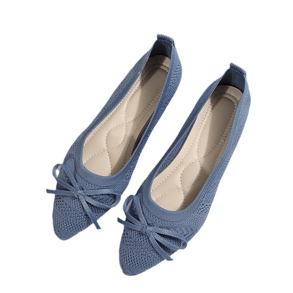 Spring and Summer Knitted Bow Flat Bottom Shallow Mouth Breathable Single Shoes Fashion Casual Pointed Large Size Lazy Women's Shoes