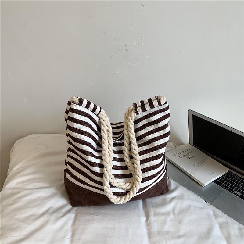Striped Tote Bag Rope Handle Casual Beach Shoulder Purse Large Capacity