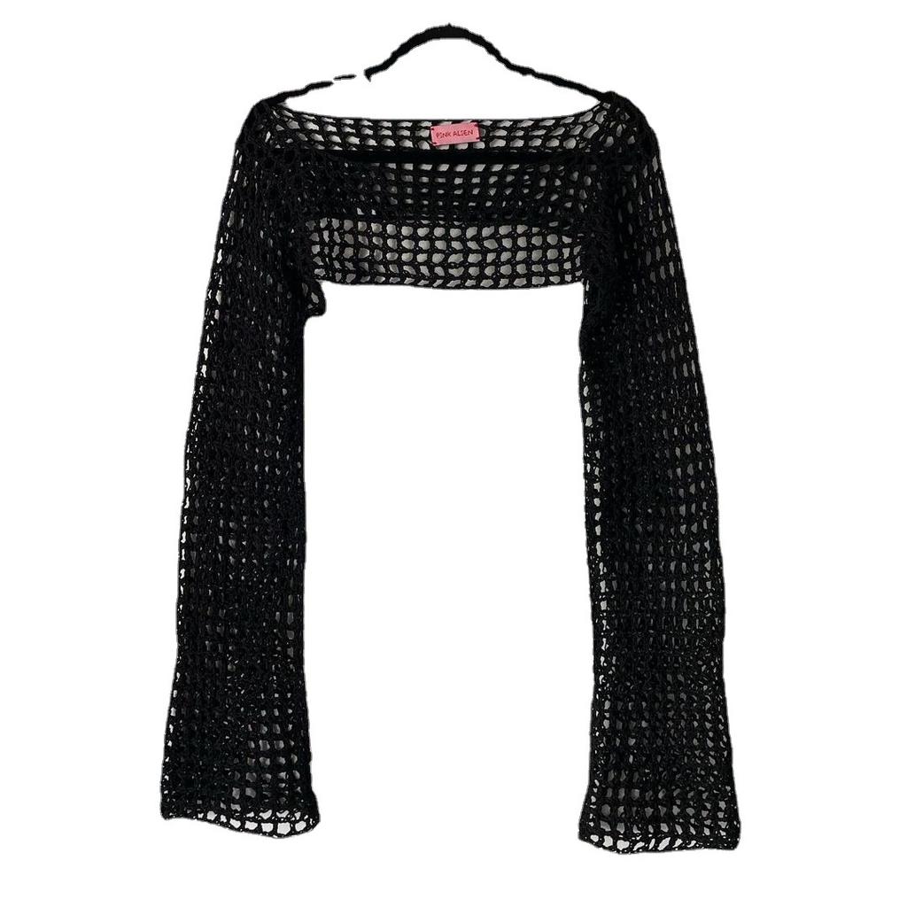 Women's Cover Ups Fall Women's Hand Hook Sweater Casual Ultra Short Flared Sleeve Sexy Mesh Cover Up