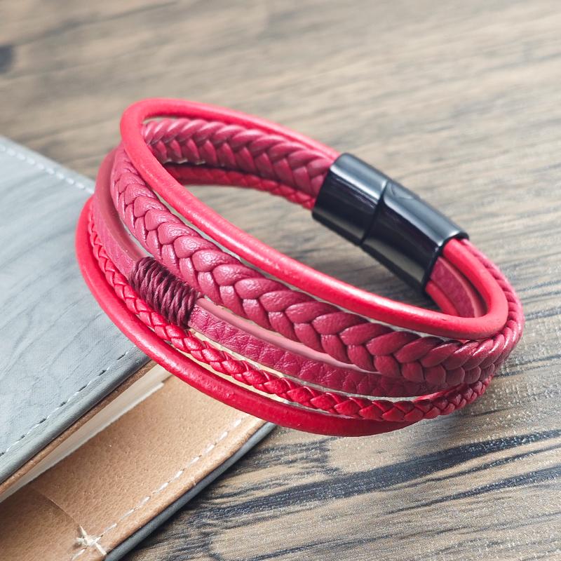 High Quality 4  Color Men Stainless Steel Magnetic Clasp Bracelet Red Multi-layer Braided Leather Wristband Fashion Punk Jewelry