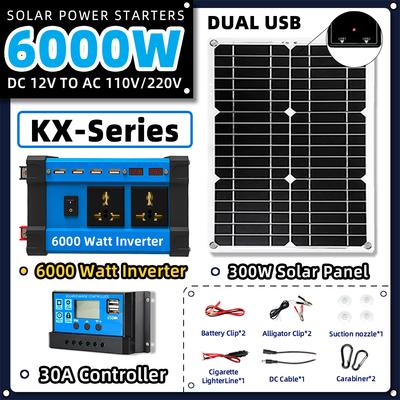 Napelemes rendszer készlet kombinált 6000 W inverter 30 A vezérlő 300 W napelem 12 V - 220 V/110 V Smart Charge & Discharge Camping