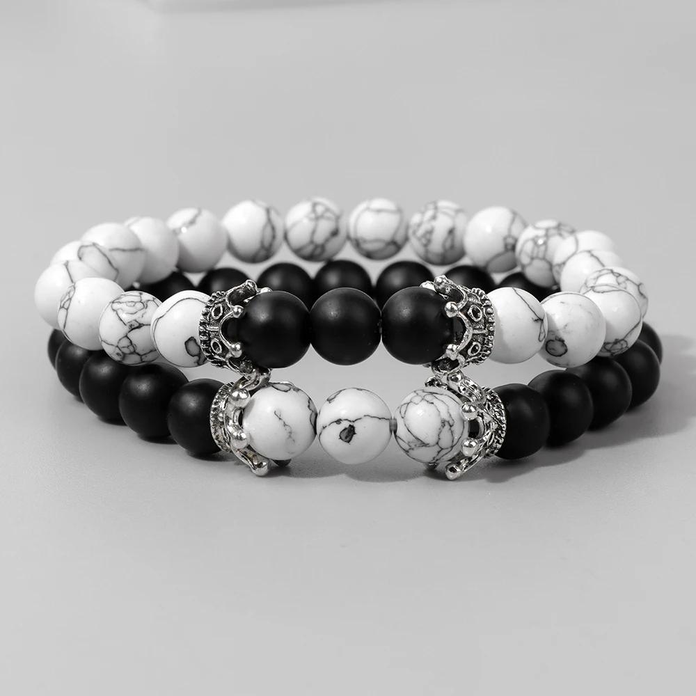 2Pcs/Set Natural Map Stone Beads Bracelet Fine Crown Charm Bracelets Balance Quartz Elastic Wrist Jewelry for Men Women 8mm