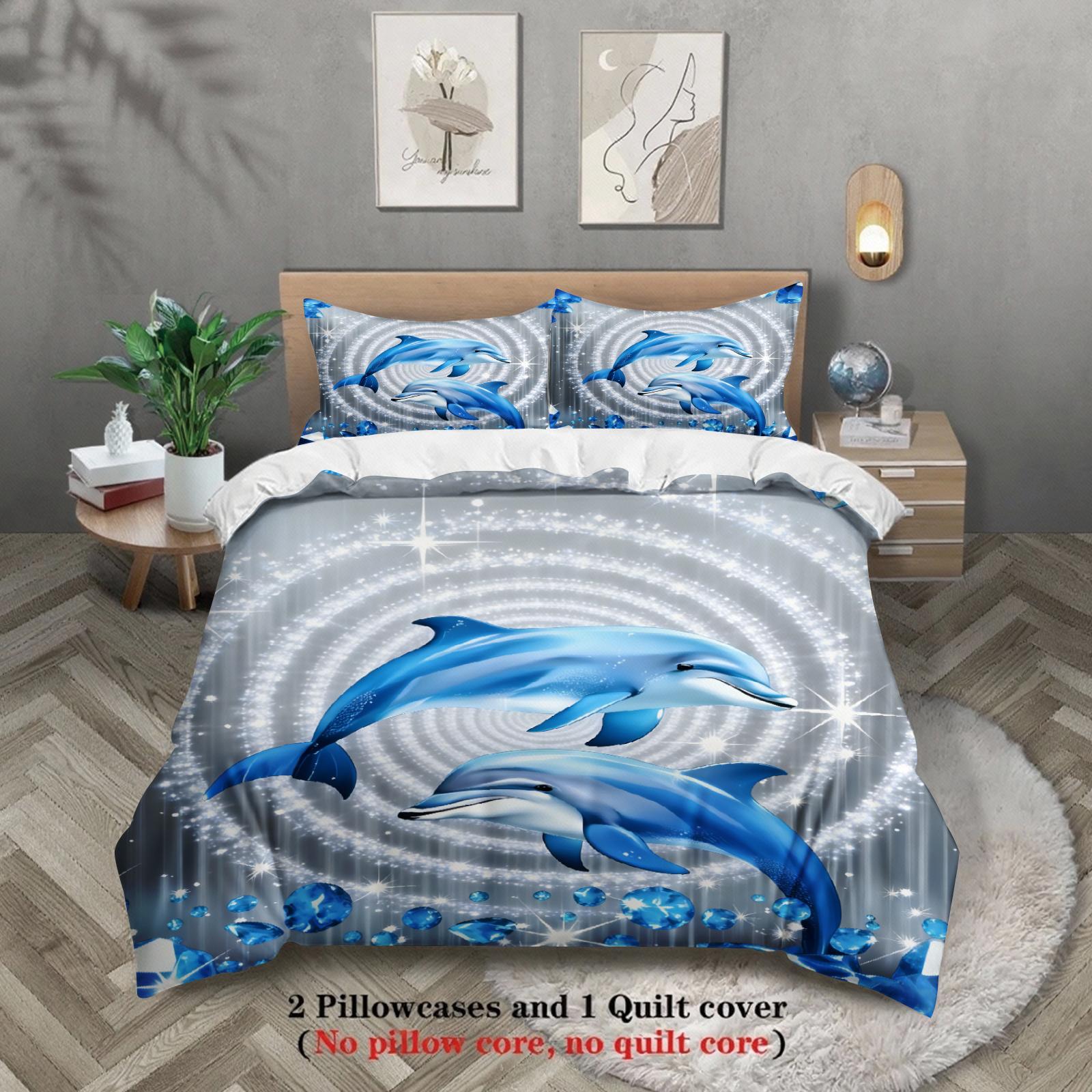 Dolphin 3D Printed Bedding Set Blue Ocean Dolphin Pattern Bedding With Duvet Cover & Pillowcases For Bedroom EU Twin(135x200cm)