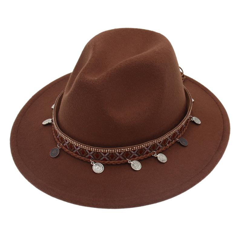 Ethnic Topper Hat Imitation Silver Accessories Felt Hat Jazz Hat Big Brim Stage Performance Hat