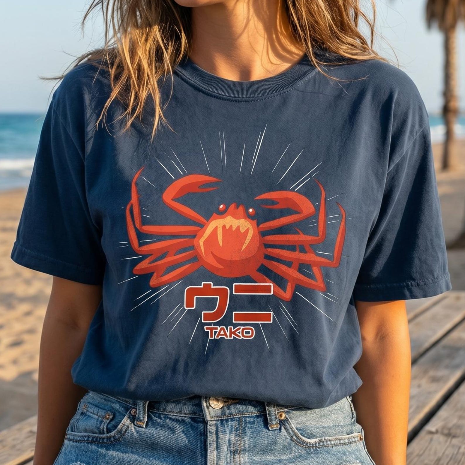 Japanese Crab Graphic Shirt, Retro Kaiju Style, Kawaii Anime Ocean Tee XL