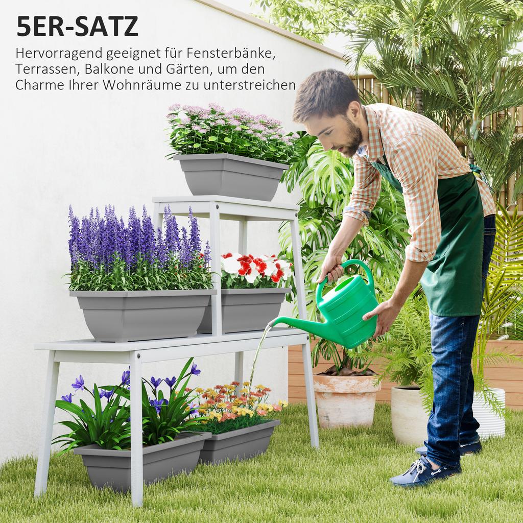Set of 5 Flower Pots, Plastic Planters for Patio, Garden, Balcony, 59 X 21 X 16 Cm, Grey