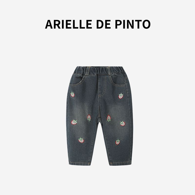French Arielle De Pinto Kidsren s Pants Autumn Style Girls  Strawberry Embroidered Jeans Casual and Comfortable Image color 140