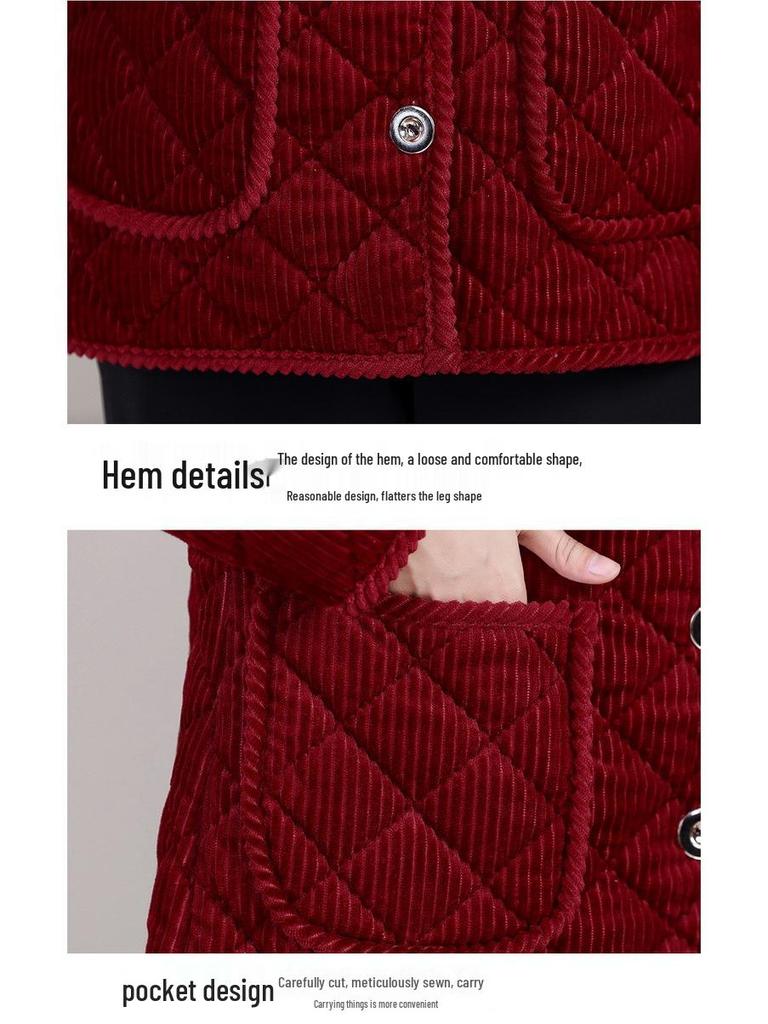 Stylish Loose Plus Size Fleece-Lined Corduroy Jacket for Middle-Aged and Elderly Women