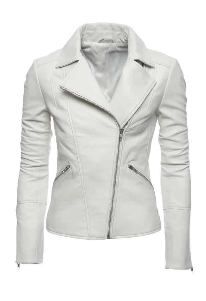 Stylish Lambskin Leather White Women's Handmade Fit Genuine Jacket Motorcycle