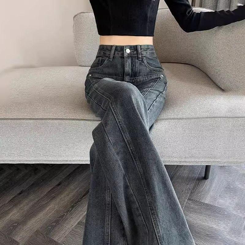 

Серые джинсы с высокой посадкой и широкими штанинами для женщин 2025 - Свободный крой, Прямые брюки для миниатюрных на весну M