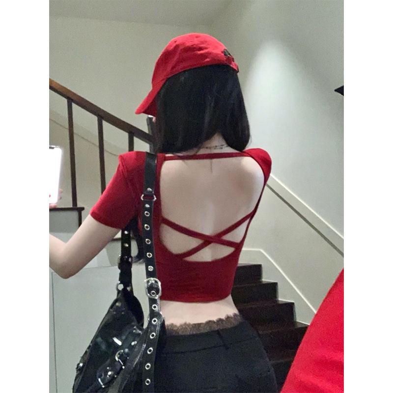 Hollow back shoulder pads short-sleeved t-shirt women's summer pure desire sweet spice girl backless short top with chest pad is beautiful