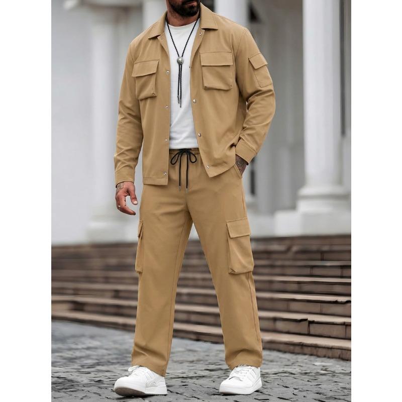 Men Casual Workwear Multi Pockets Long Sleeve Jacket And Long Pants Set