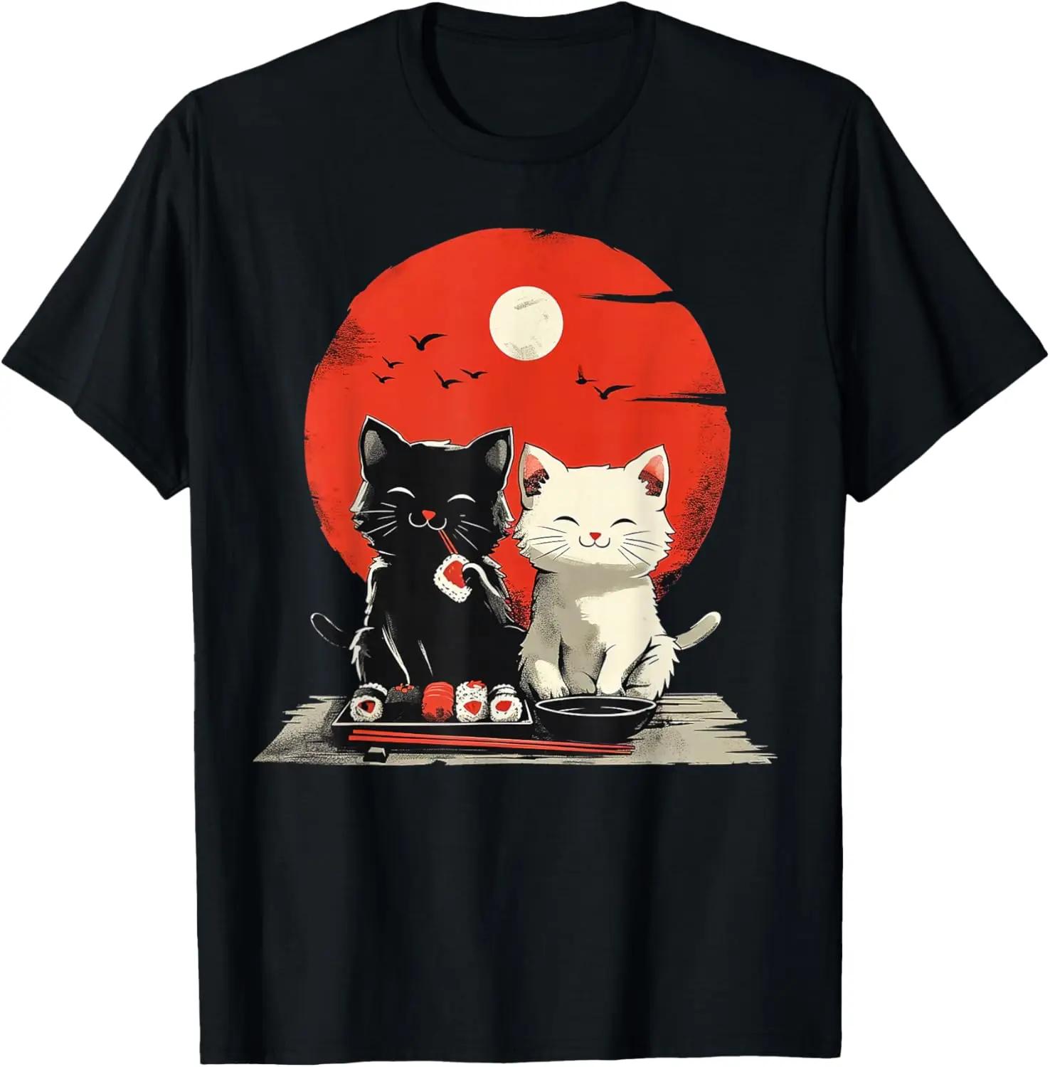 Cute Cats Eating Sushi Graphic Tee Kawaii Japanese Sun Print Unisexs Short Sleeve Crew Neck TShirt S