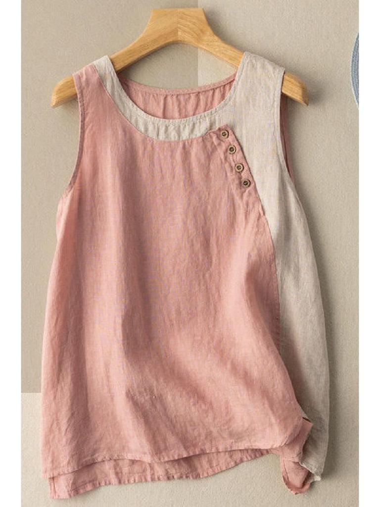 Damen Retro Colorblock Baumwollleinen Weste mit Knopfdetails