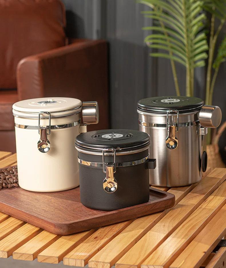 304 Stainless Steel Coffee Bean Storage Canister Vacuum One-Way Exhaust Valve Sealed Jar Snap-Latch Tea Airtight Container 1-2L